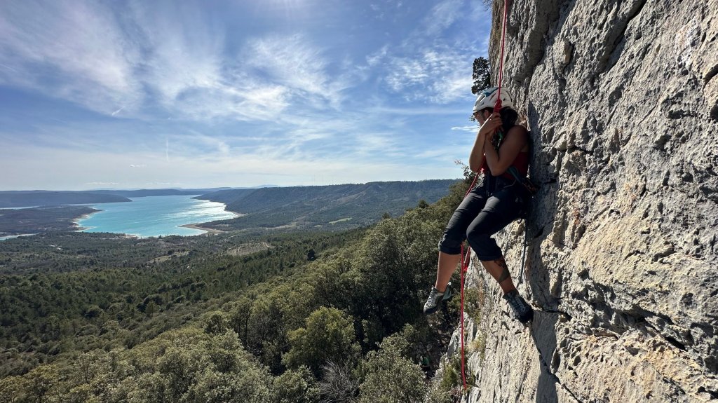 Current image: Looking over a Lac in Verdon Gorge high up on the rock