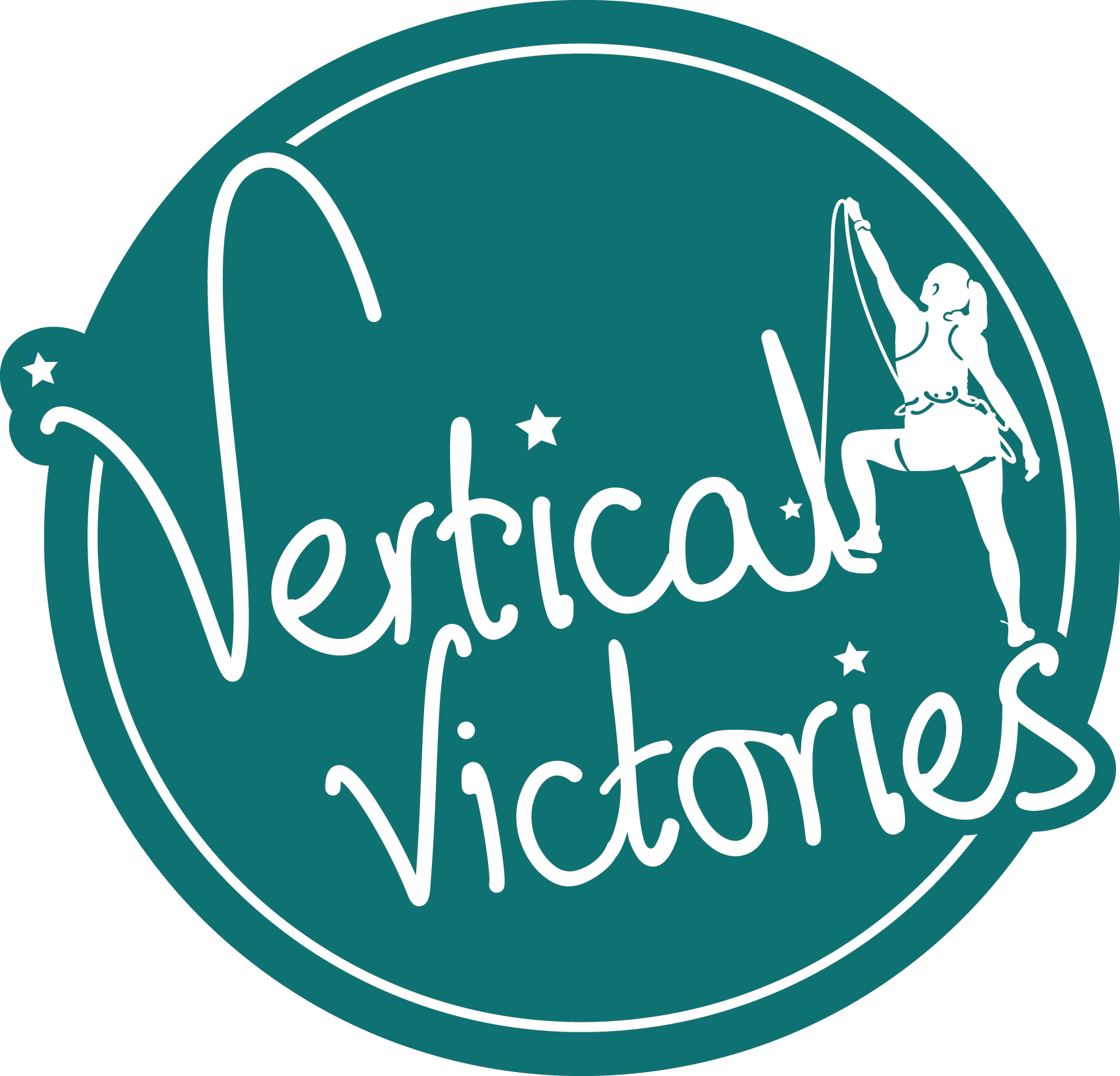 Circular logo with Vertical Victories written in handwritten text with a female climber clipping a rope in a victorious stance